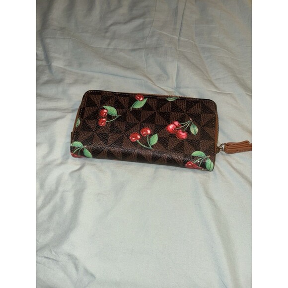 Cherry Print Brown Inspired Wristlet Wallet Nwot Fruit Fashion Purse - Picture 7 of 8